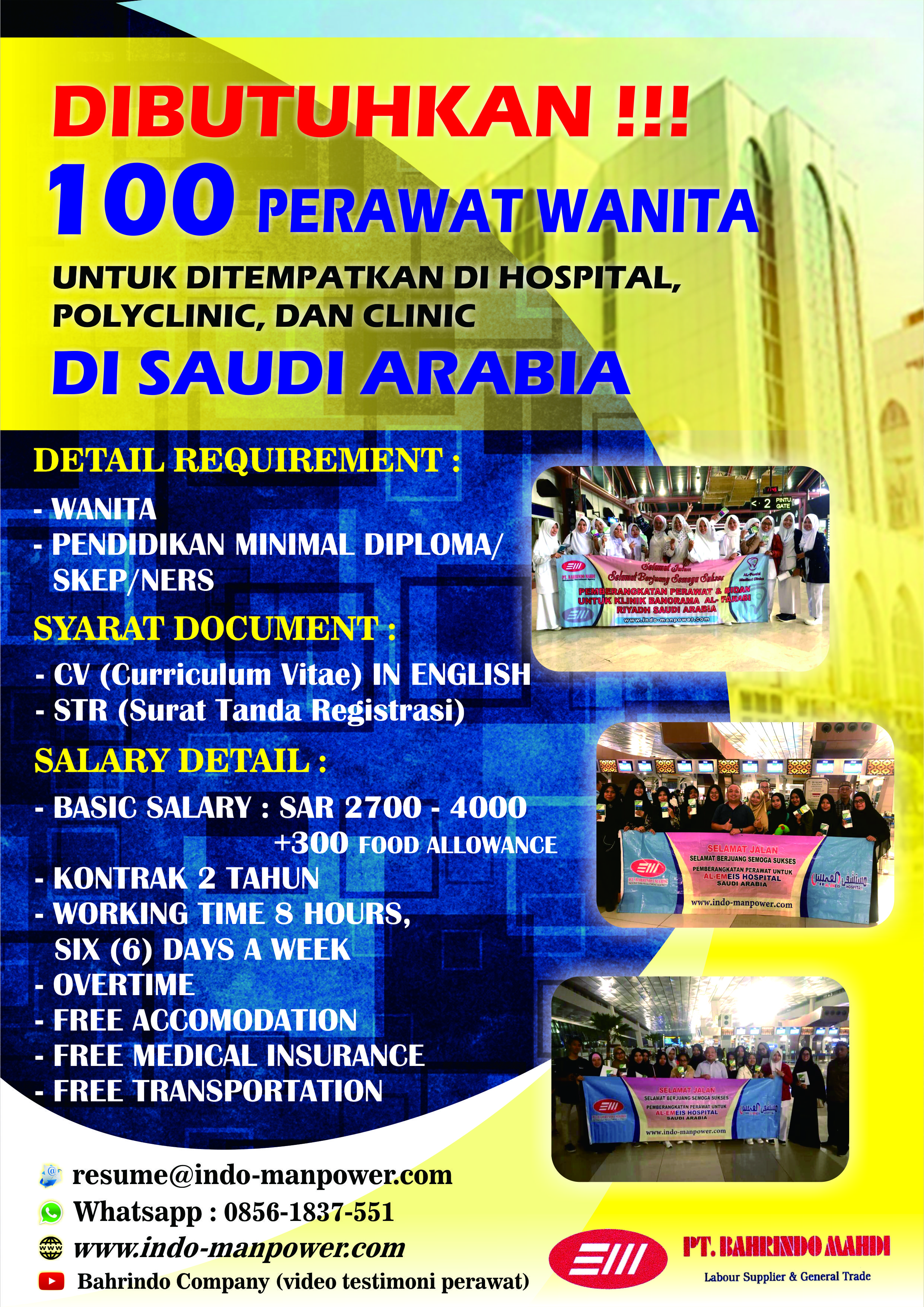 100 FEMALE NURSES NEEDED TO BE PLACED IN HOSPITAL, POLYCLINIC AND CLINIC IN SAUDI ARABIA